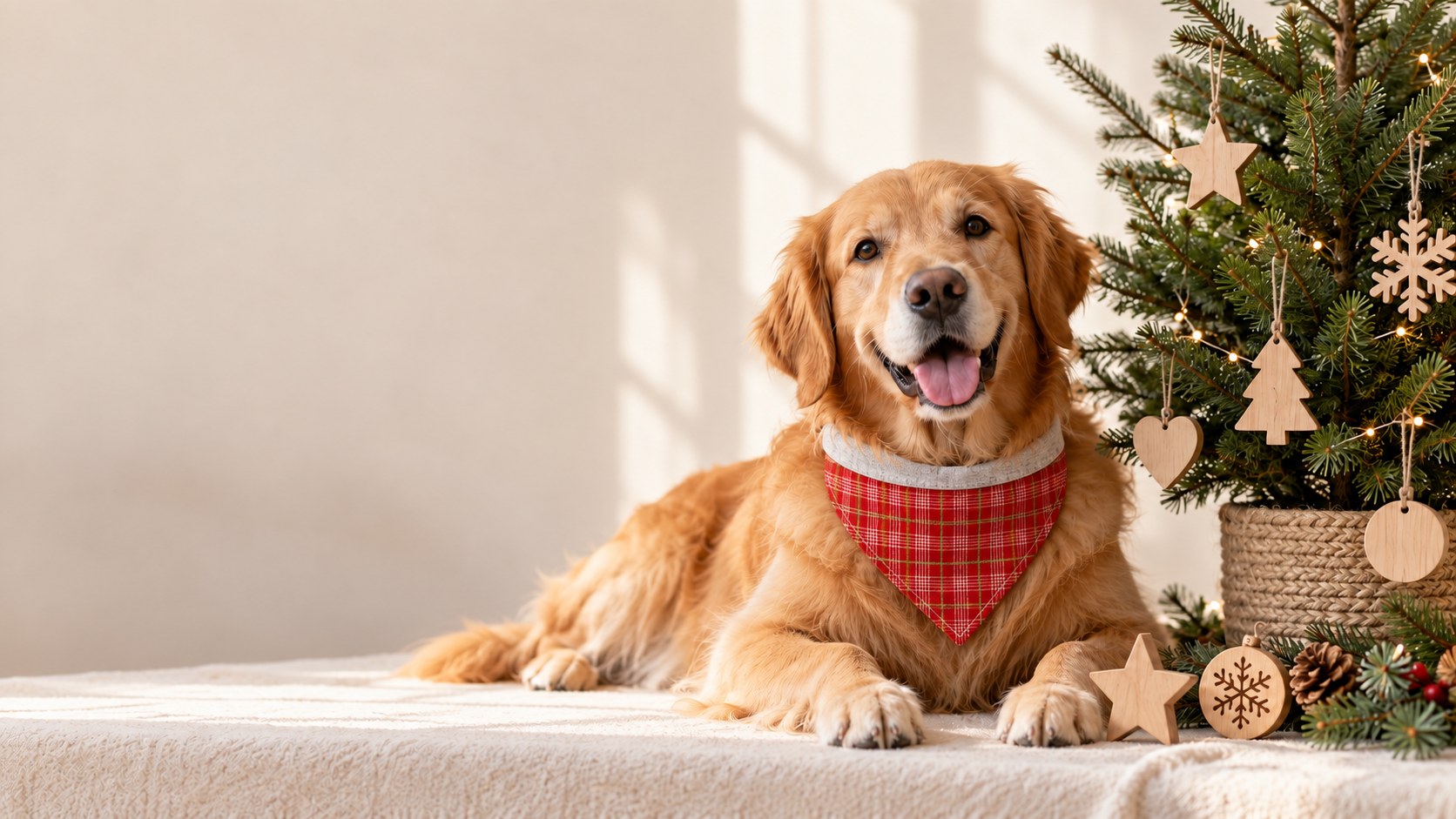 Golden retriever wearing a red plaid holiday bandana beside a tree with wooden ornaments
