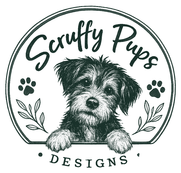Scruffy Pups Designs logo showing a shaggy puppy, paw prints, and foliage